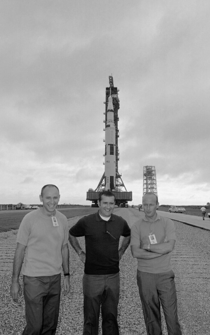 In this Sept. 8, 1969 file photo, Apollo 12 moon mission crewmen pose in front of their...