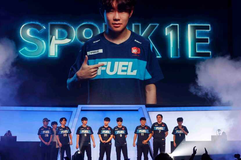 Dallas Fuel walk on the stage ahead of their match against Toronto Defiant during Overwatch...