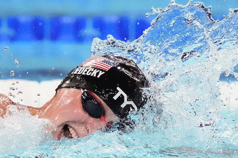 Katie Ledecky of the United States swims the women's 1500-meter freestyle final at the 2024...