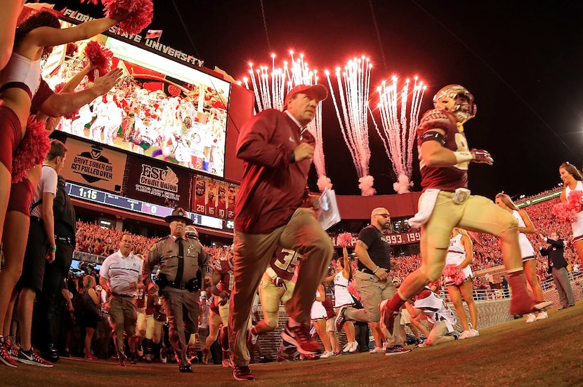 TALLAHASSEE, FL - OCTOBER 29:  Head coach Jimbo Fisher of the Florida State Seminoles  takes...