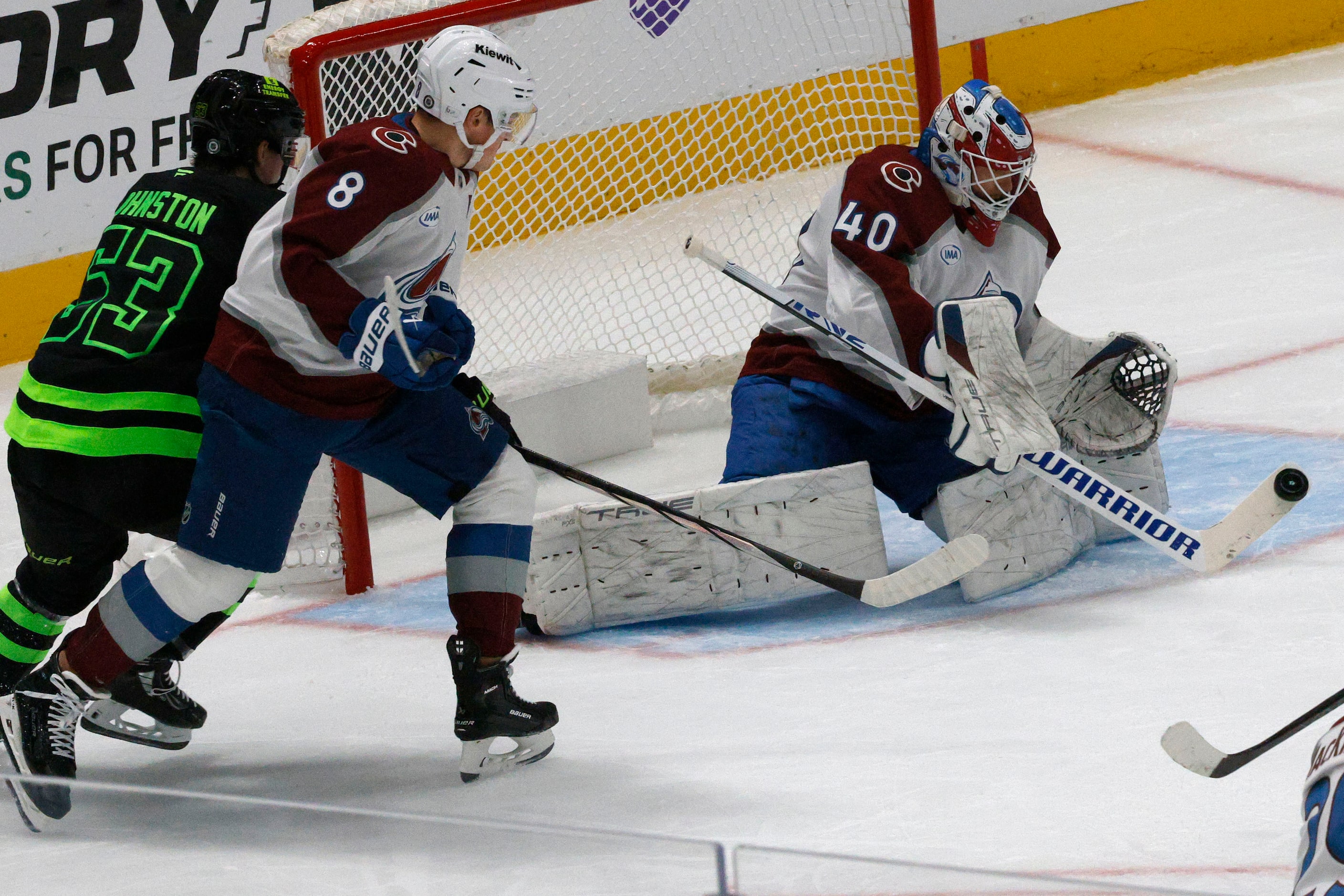 Colorado Avalanche goaltender Alexandar Georgiev (40) makes a save against Dallas Stars...