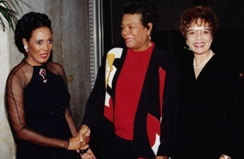 Maya Angelou (center) at the African American Museum of Dallas opening with gala chair...