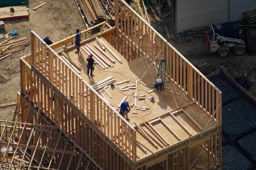 Aerial view of a home under construction in Lake Highlands in September 2020.