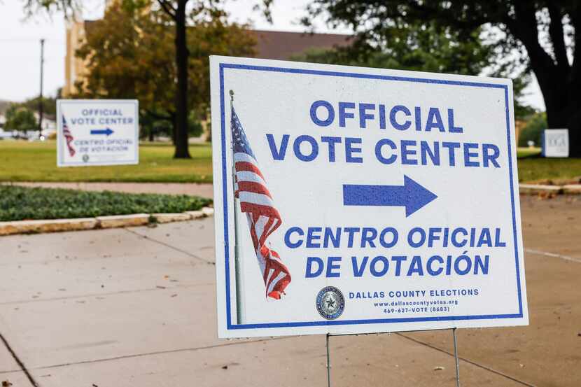 An official Dallas County vote center sign in Dallas in November 2022.