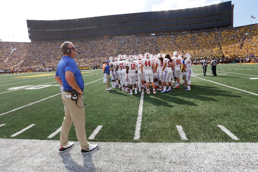 SMU head coach Sonny Dykes is pictured on the sidelines during a team time out during the...
