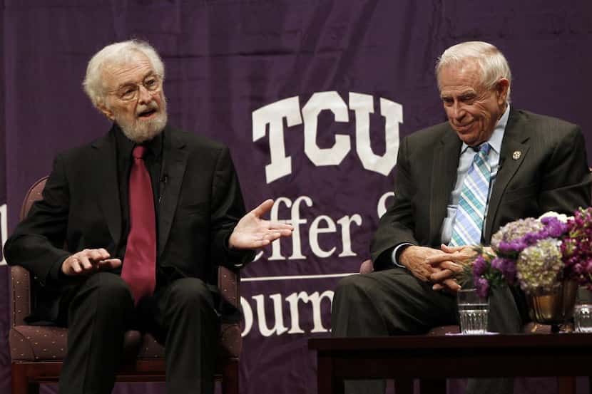 Bob Huffaker (left) gives a talk at a TCU Schieffer School of Journalism event in 2013.