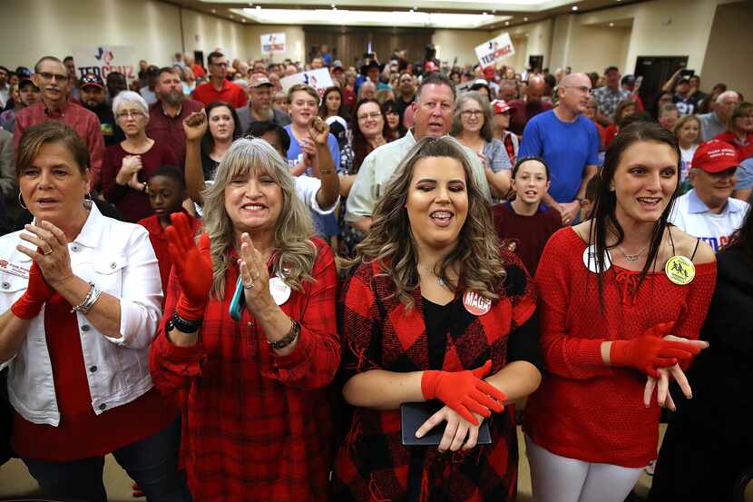 Supporters cheer during Ted Cruz's speech in Victoria on Saturday.