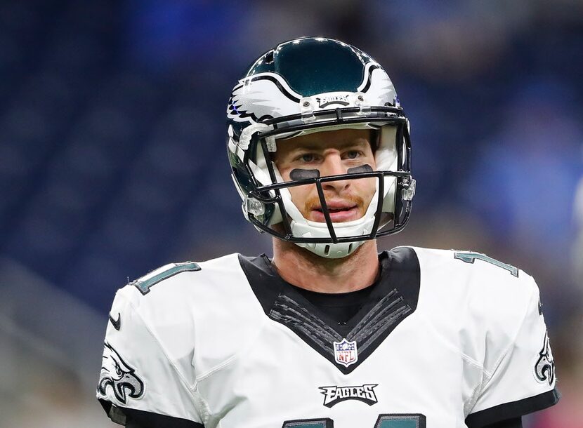 DETROIT, MI - OCTOBER 09: Carson Wentz #11 of the Philadelphia Eagles on the field prior to...