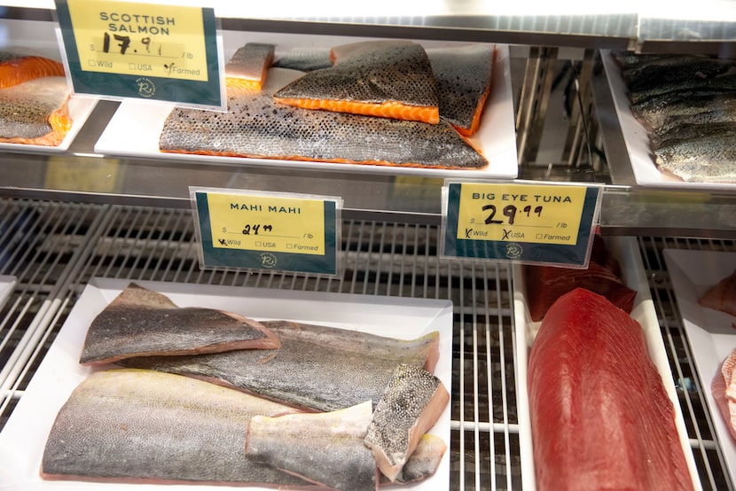 Prepared fish sits in their cooler at Rex's Seafood in Dallas on Friday, March 1, 2019. 