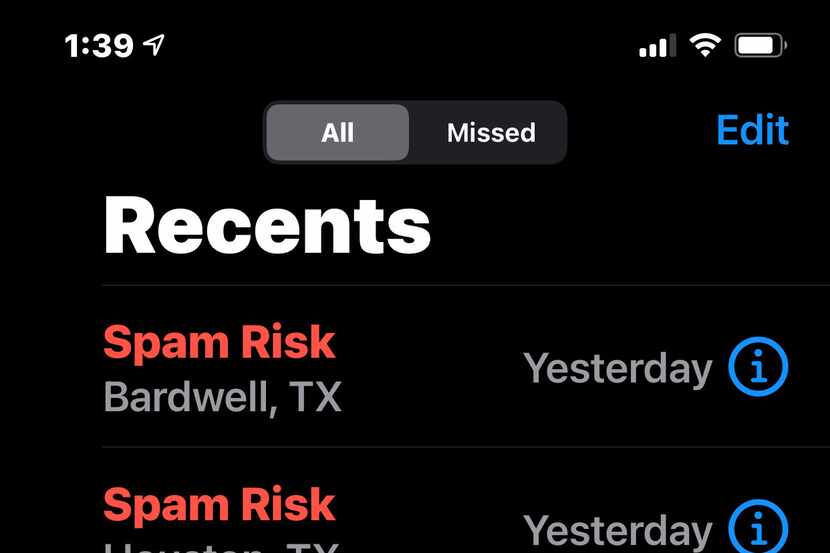 A screenshot of "Spam Risk" on an iphone user and AT&T customer's phone in Dallas. AT&T says...