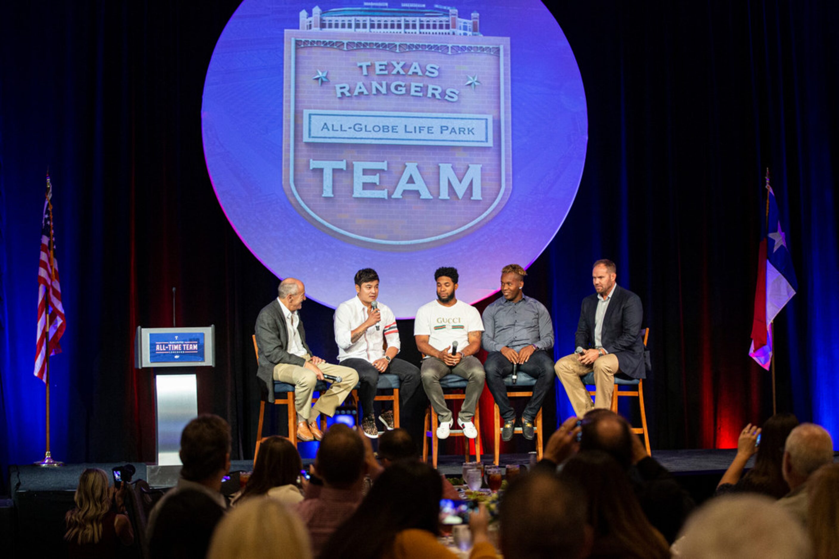 Texas Rangers radio announcer Eric Nadel, left, asks players Shin-Soo Choo, second from...