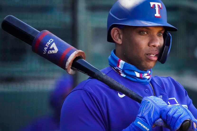 Texas Rangers infielder Curtis Terry waits in the on deck circle during the sixth inning of...