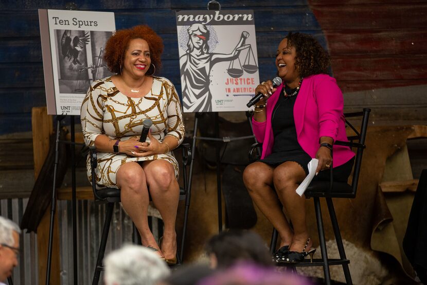 Nikole Hannah-Jones, New York Times Magazine domestic correspondent, speaks with reporter...