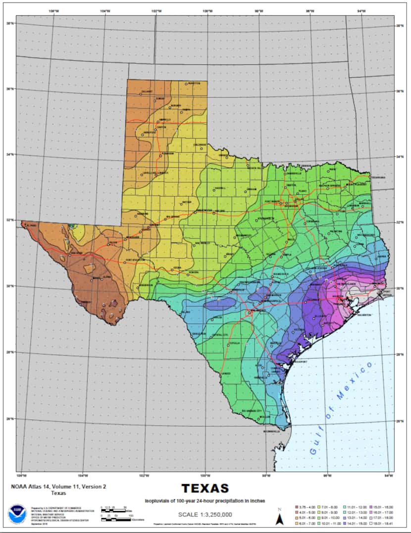 A graphic of Texas shows the updated rainfall values in inches that define certain extreme...