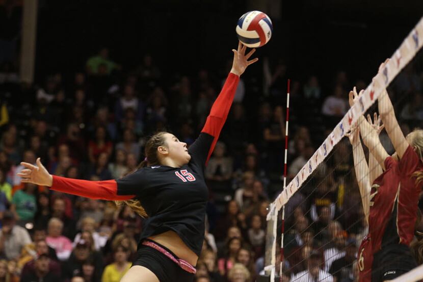 Lovejoy's Sarah Langs, cq, against Drippping Springs in the Class 5A volleyball championship...