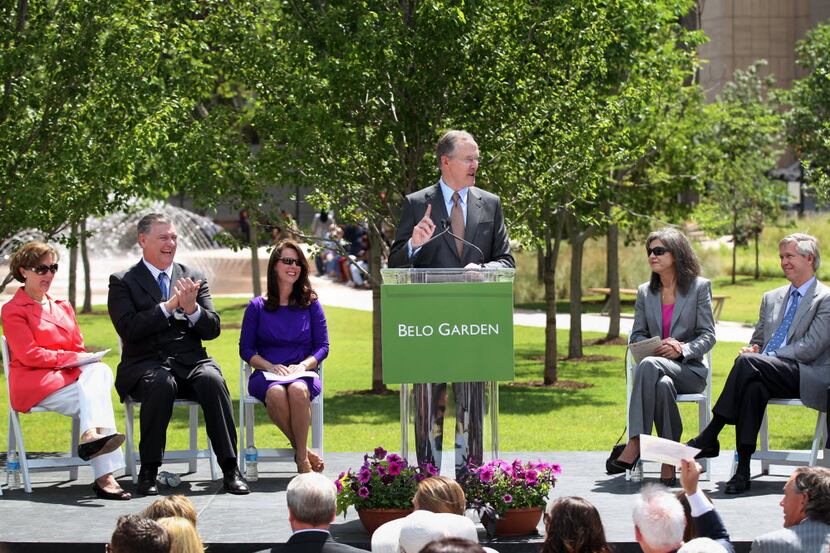 Robert Decherd speaks at the dedication ceremony for Belo Garden in May 2012.