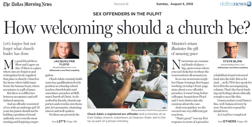 "How welcoming should a church be?" Dueling columns by The Dallas Morning News in 2012.