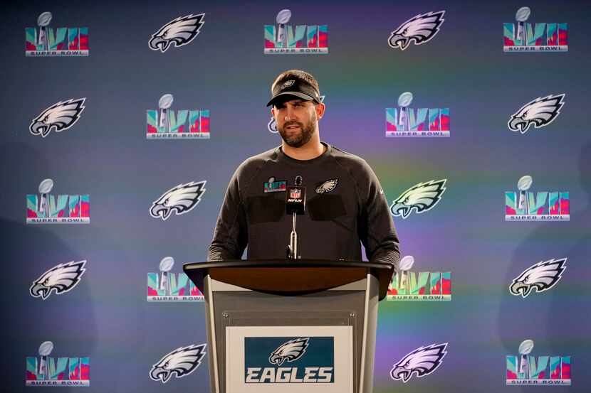 Philadelphia Eagles head coach Nick Sirianni speaks during an NFL football Super Bowl team...