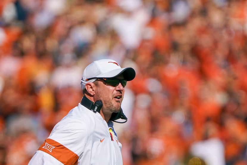 FILE - Texas head coach Tom Herman watches from the sideline during the first half of the...