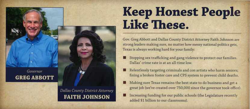 Dallas DA Faith Johnson and Texas Governor Greg Abbott are on a political  mailer together.