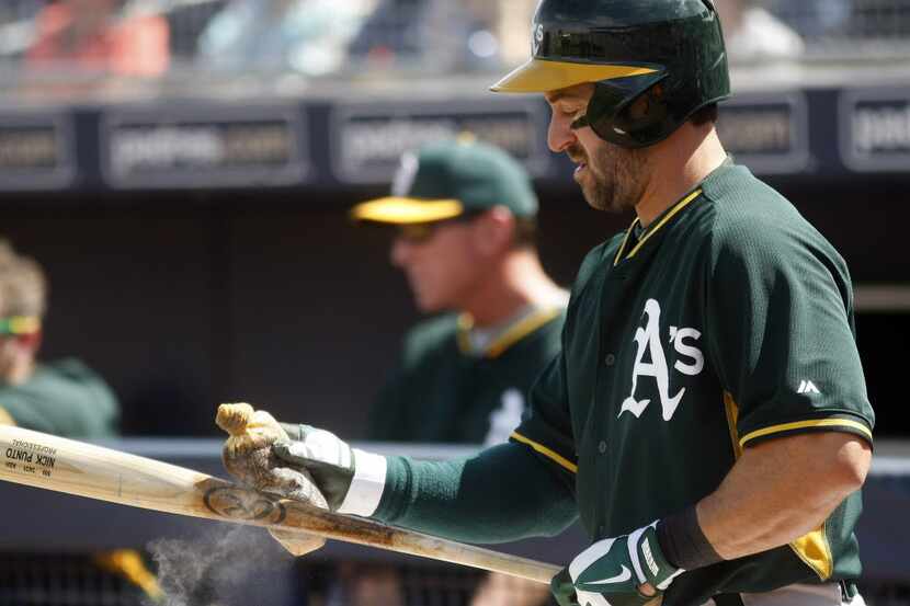Oakland Athletics third baseman Nick Punto (1) gets ready to hit against the Seattle...