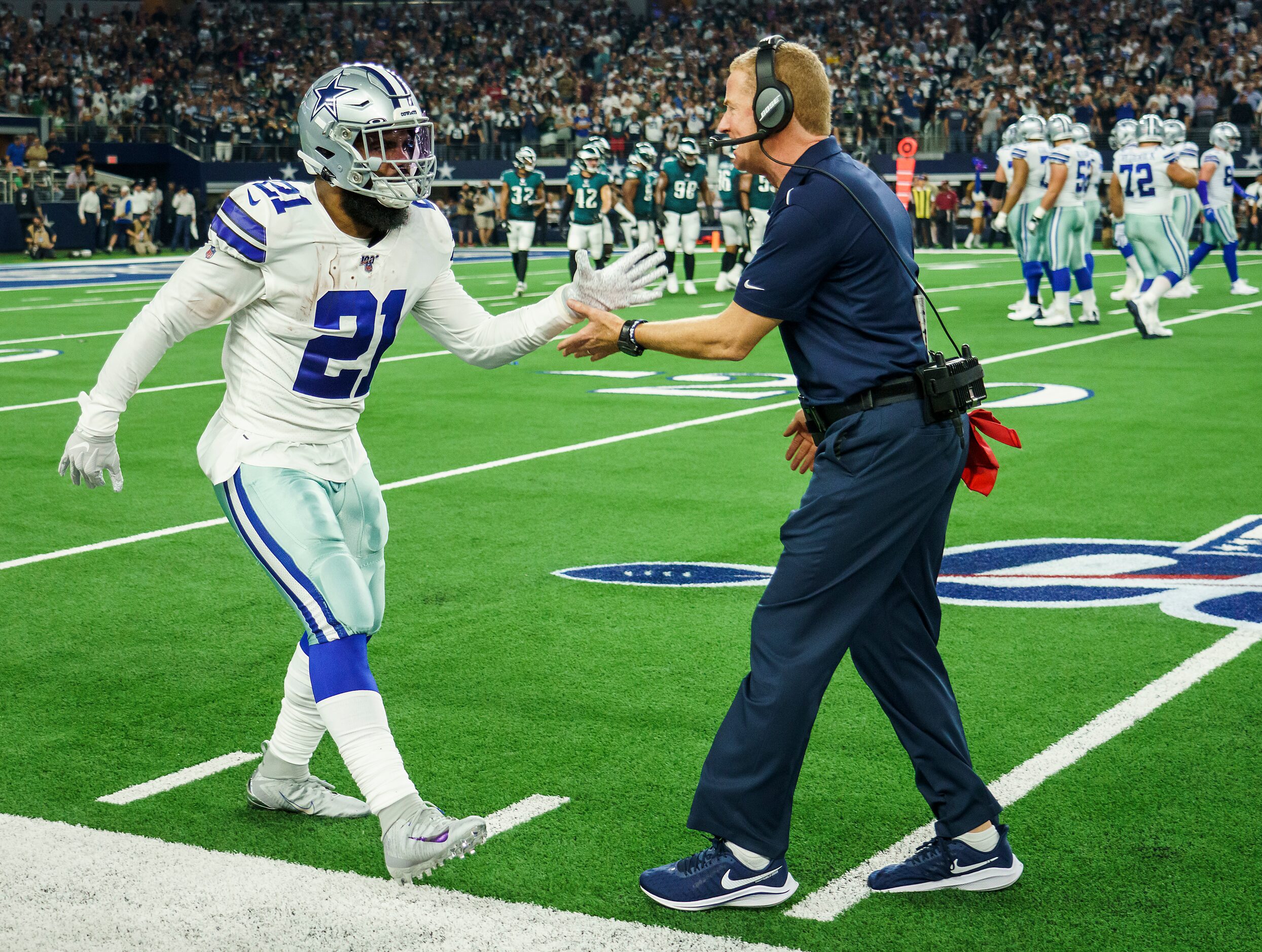 \during the first quarter of an NFL football game at AT&T Stadium on Sunday, Oct. 20, 2019,...