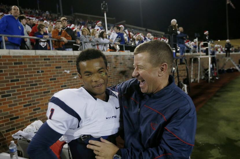 Allen quarterback Kyler Murray (1) is congratulated by head coach Tom Westerberg just before...