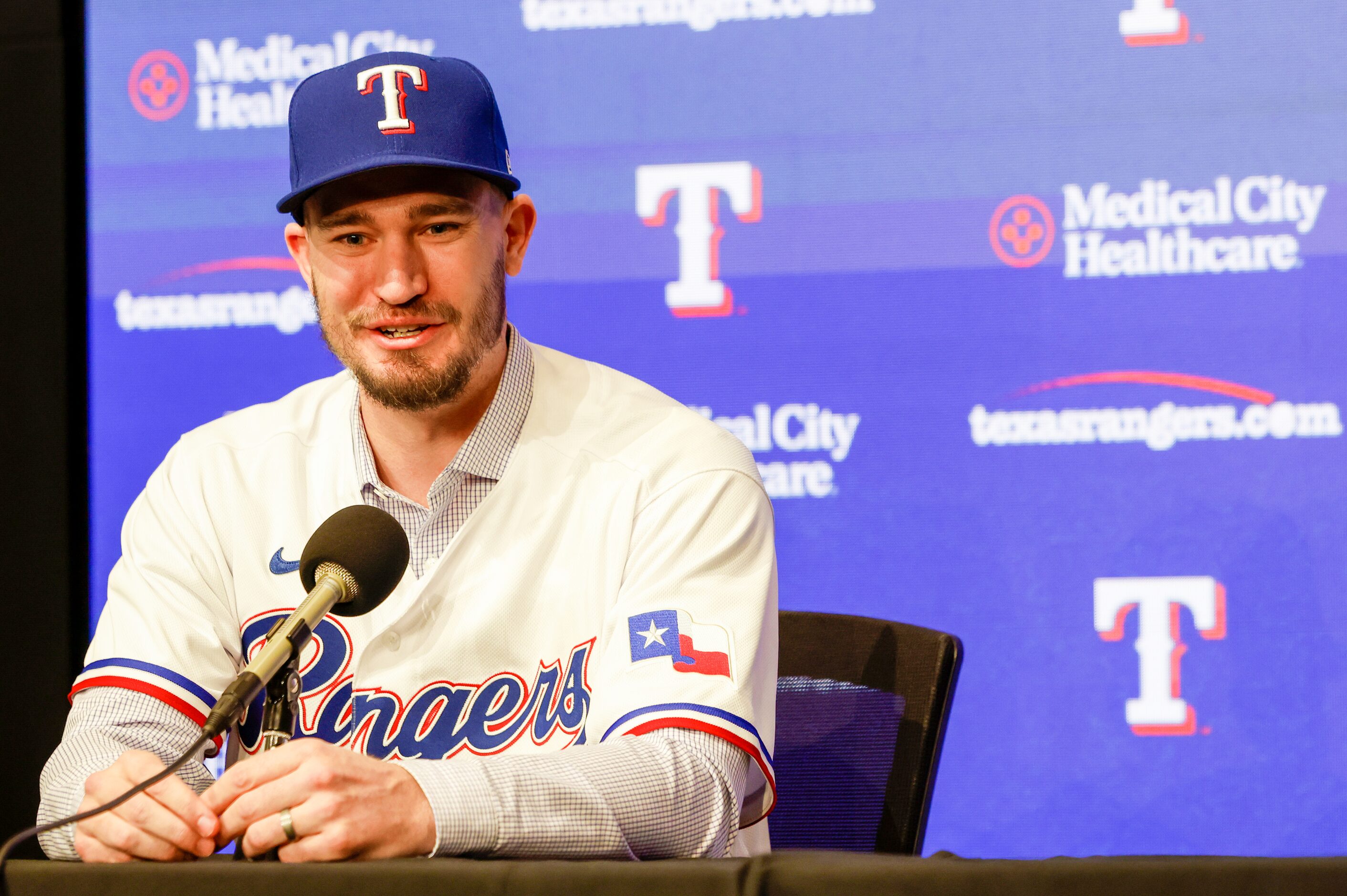 New Texas Rangers pitcher Andrew Heaney responds to media questions at Globe Life Field on...