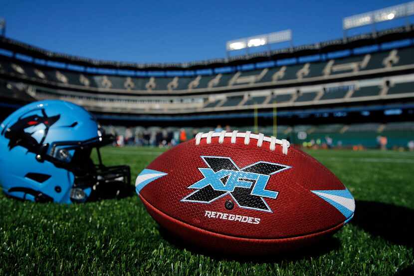 The XFL's Dallas Renegades football team helmet and football on the newly constructed...