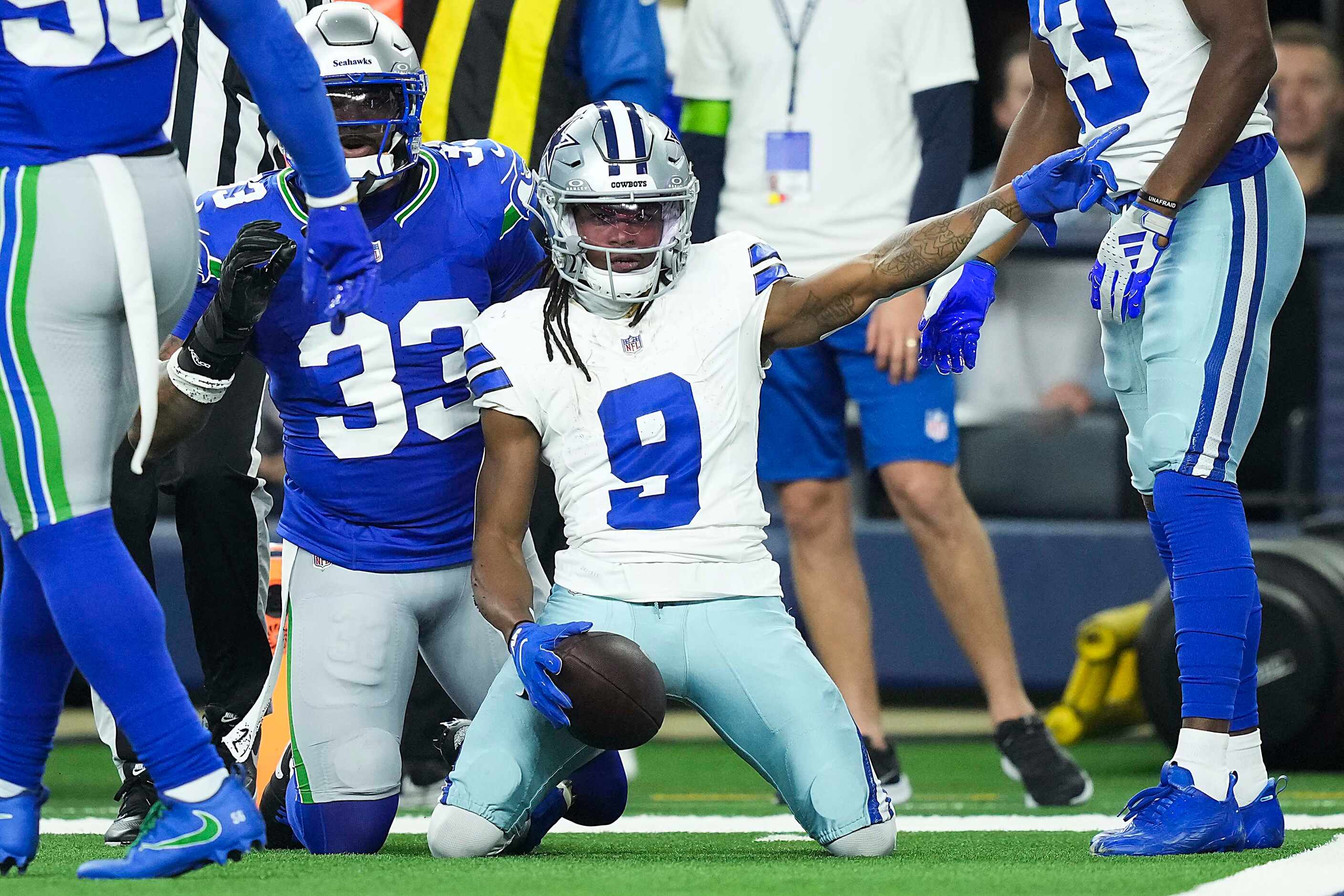 Dallas Cowboys wide receiver KaVontae Turpin (9) celebrates after picking up a first down...