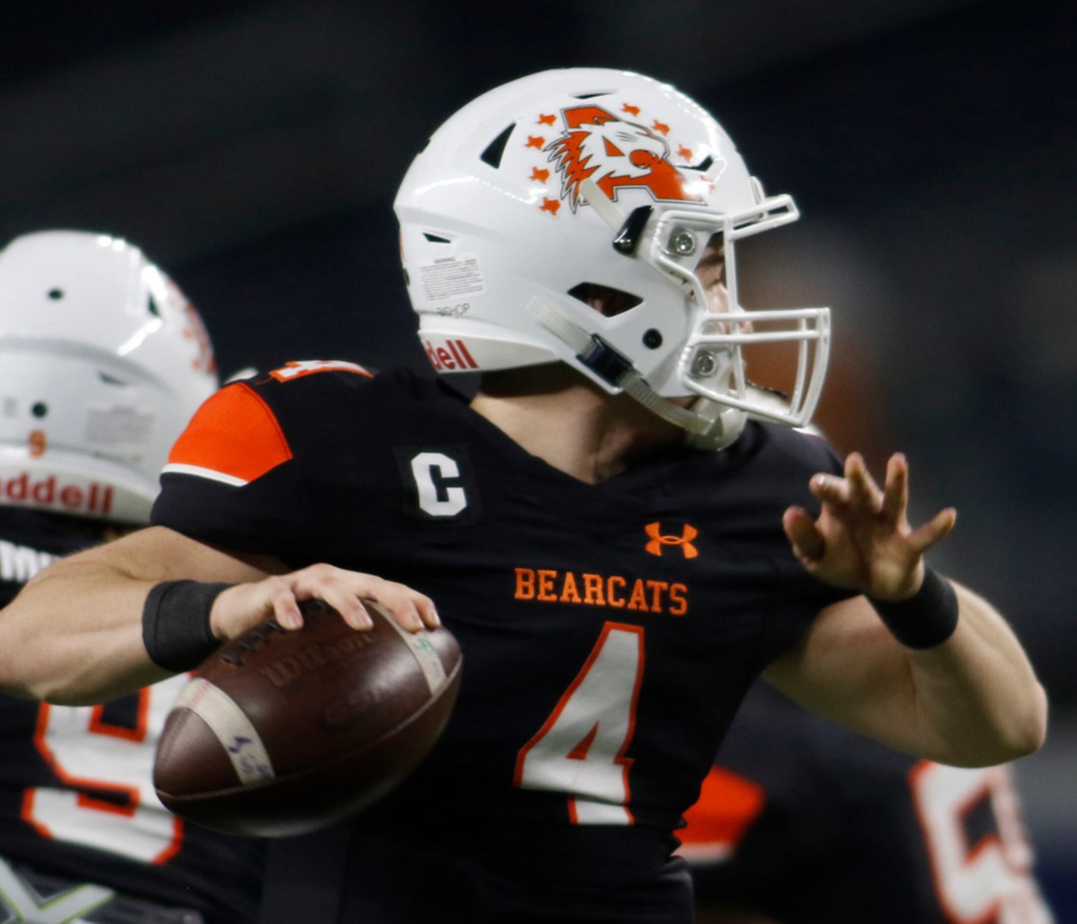 Aledo quarterback Jake Bishop (4) looks to launch a pass downfield during the first half of...