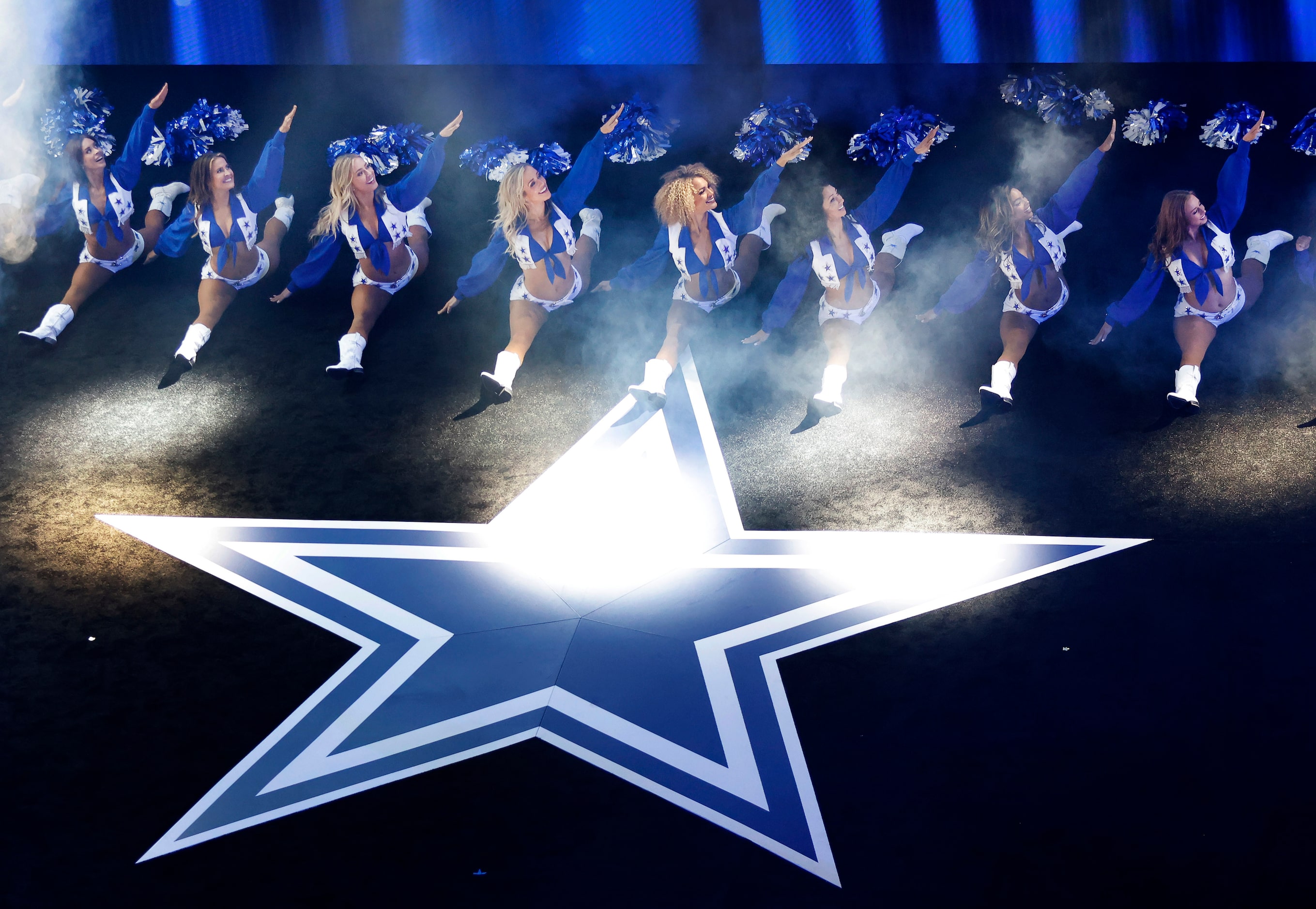 The Dallas Cowboys Cheerleaders perform at the Dallas Cowboys Season Kickoff event at The...