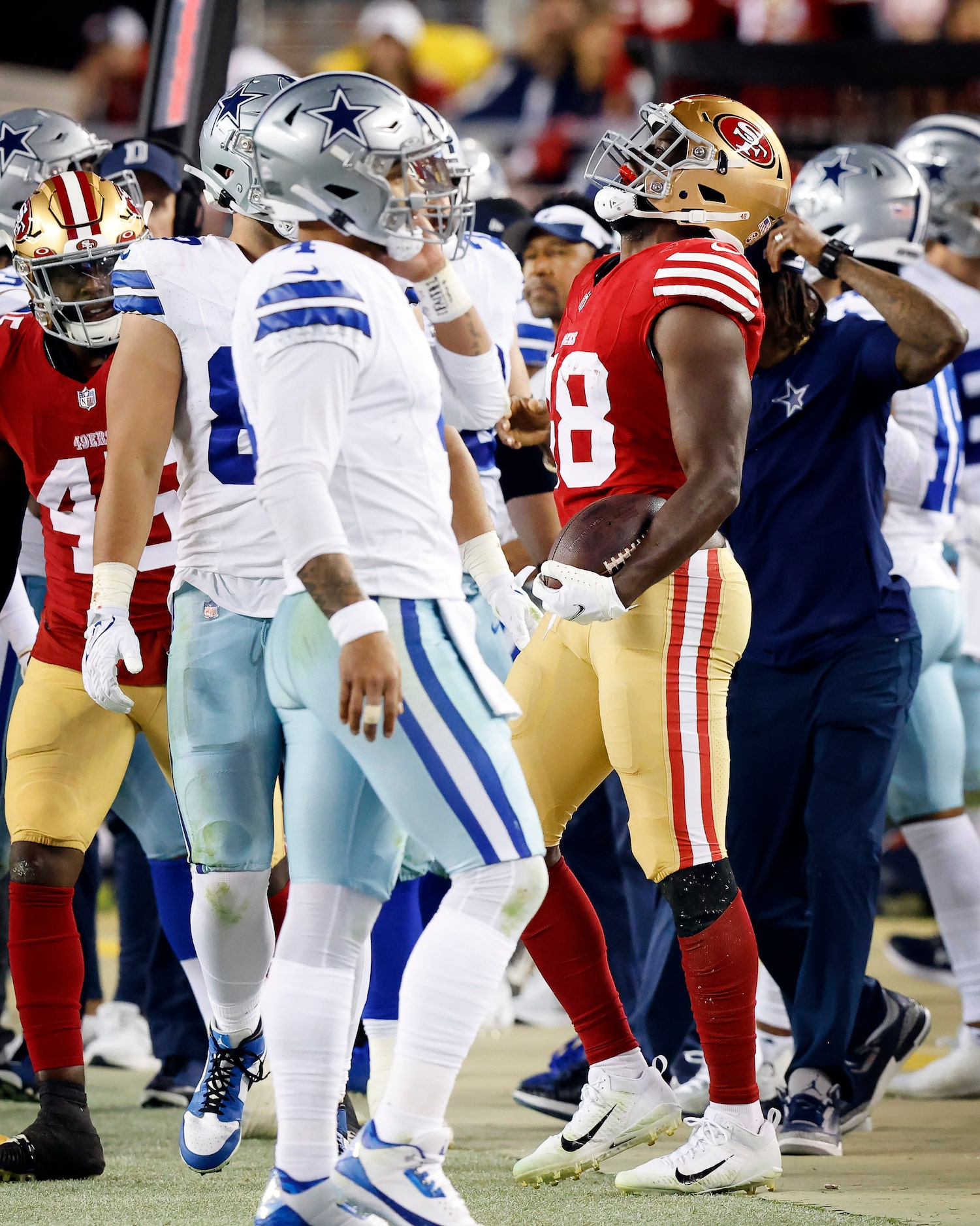 San Francisco 49ers linebacker Oren Burks (48) celebrates his second half interception of...