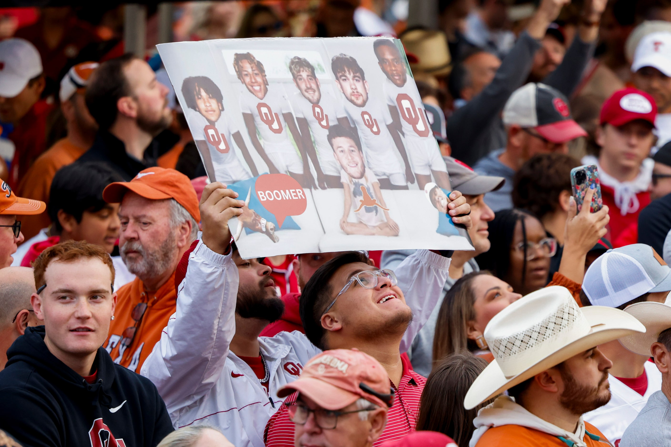 Fans gather ahead of the Red River Showdown outside of the Cotton Bowl for ESPN Game Day, on...