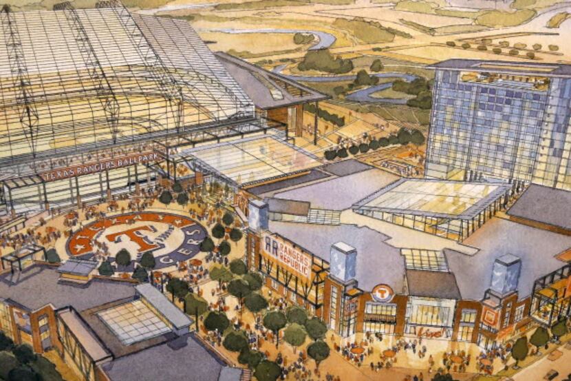  An artist's rendering shows a vision of the proposed new Rangers ballpark (left) and an...