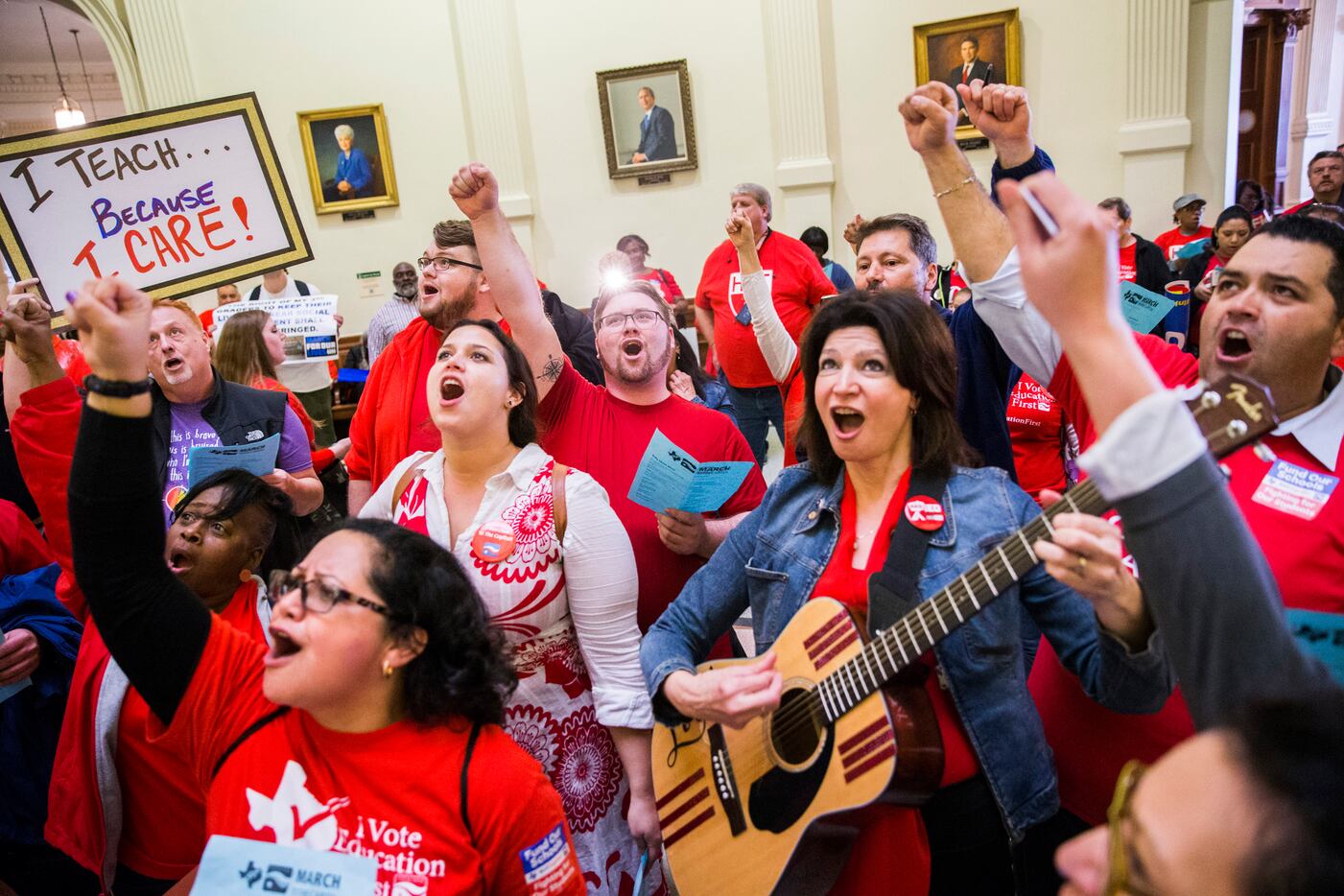 National Education Association president Lily Eskelsen GarcÃ­a (with guitar) leads a song in...