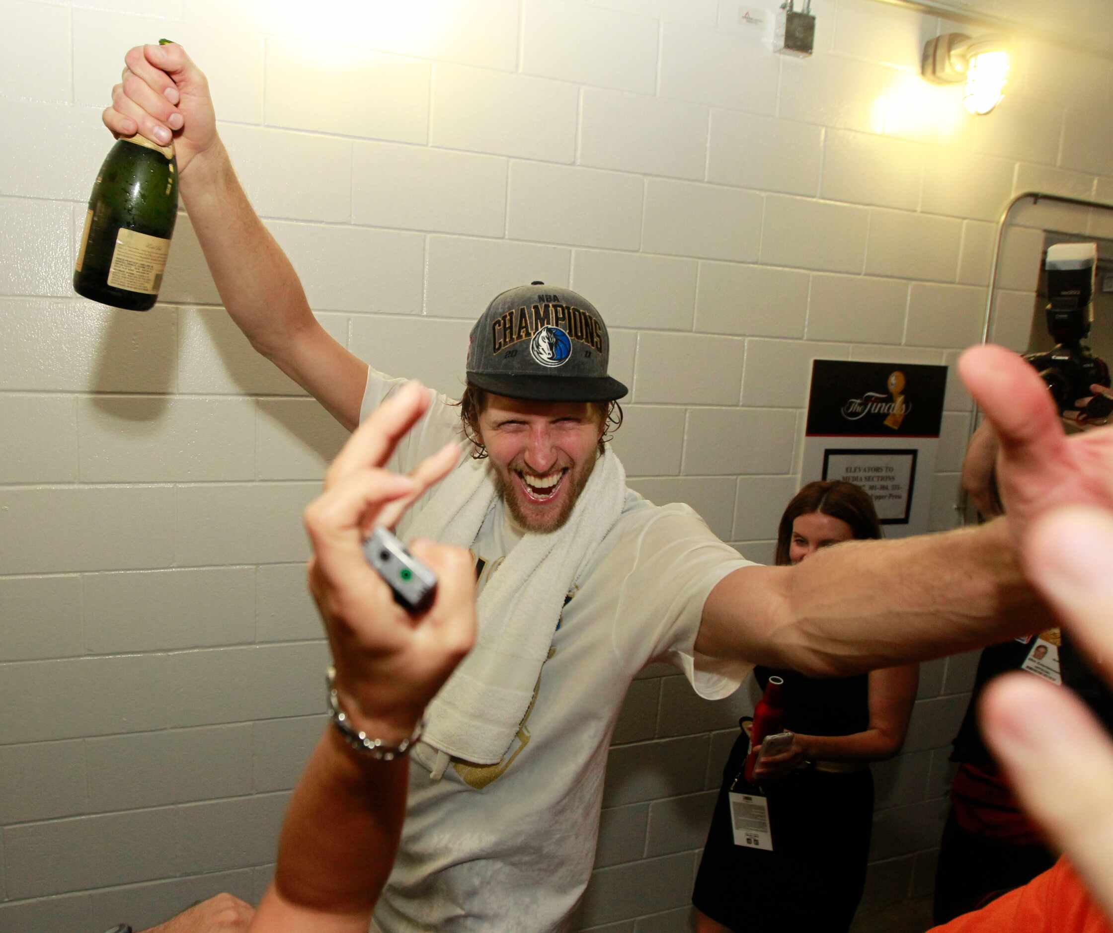 Dallas Mavericks player Dirk Nowitzki celebrates after they won game six of the NBA Finals...