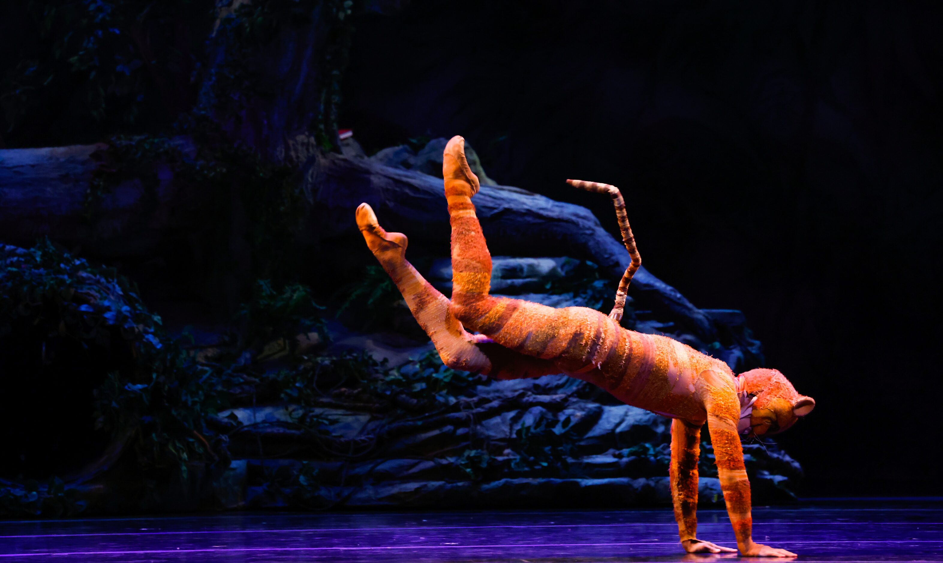 The Cheshire Cat (Brett Young) enters the stage on all fours during a dress rehearsal of the...