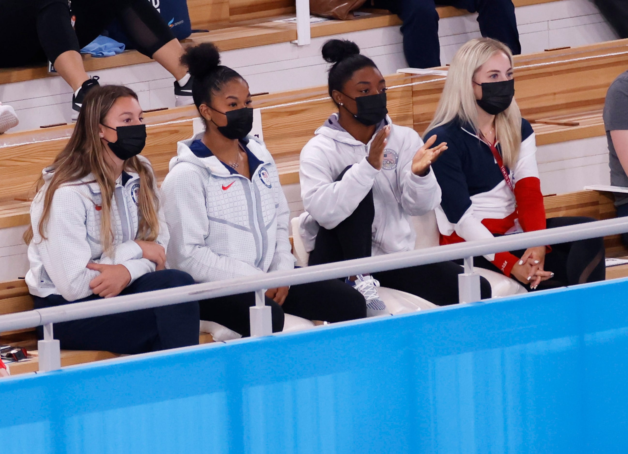 (From l to r) USA’s Grace McCallum, Jordan Chiles, Simone Biles, and MyKayla Skinner watch...