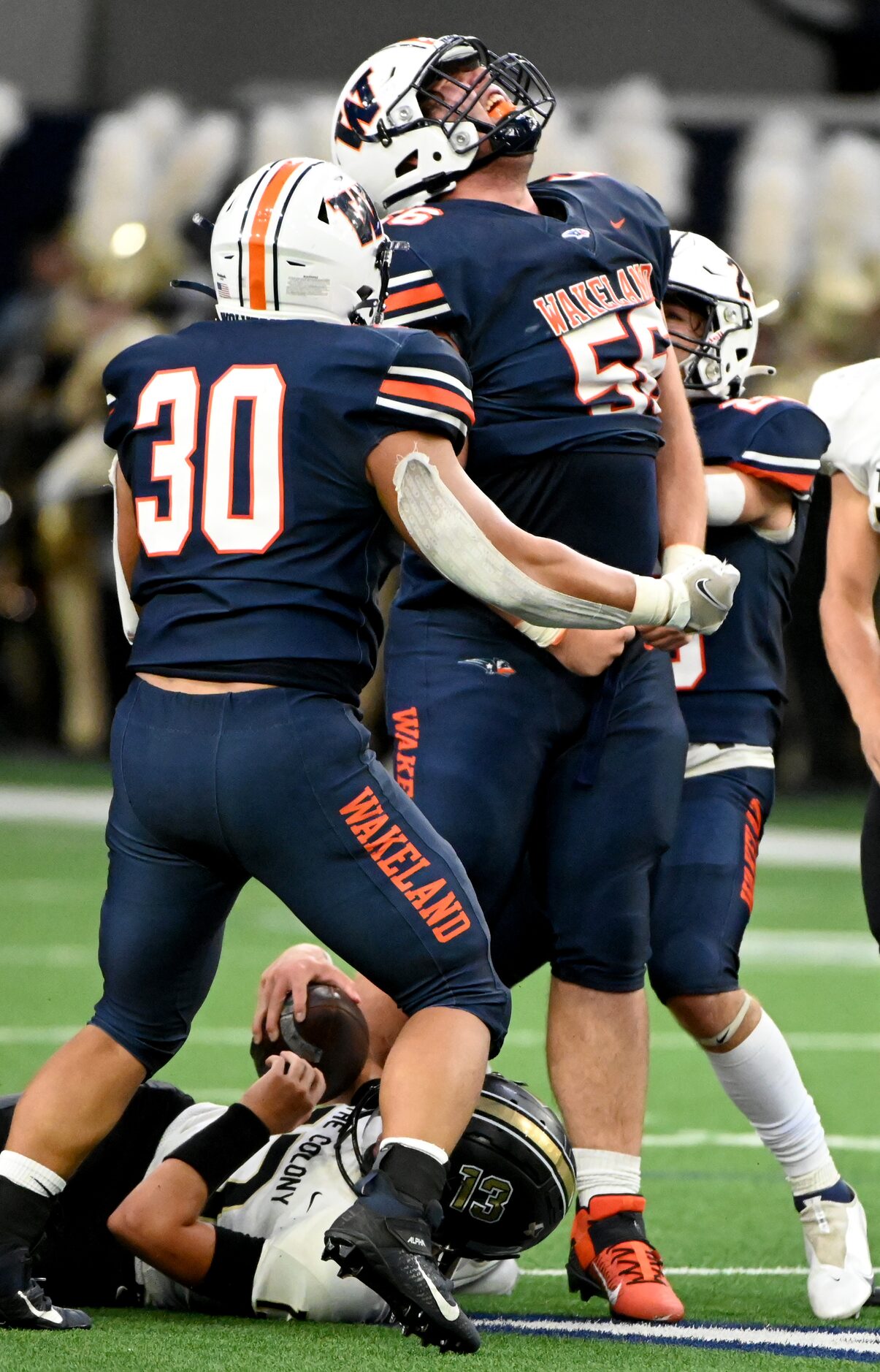 Frisco Wakeland's Burak Cetinkaya (56) celebrates his sack of The Colony quarterback Dylan...