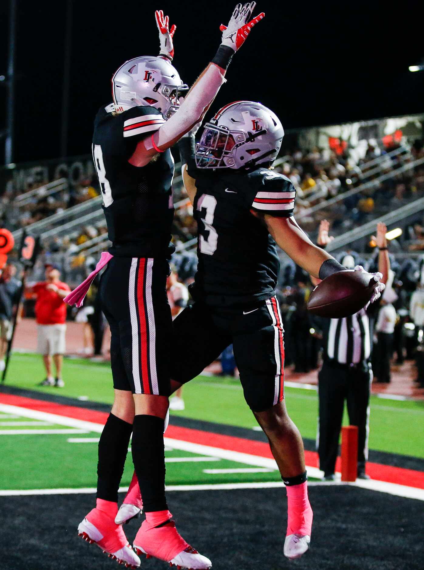 Lovejoy senior running back Noah Naidoo (3) is congratulated by  sophomore wide receiver...