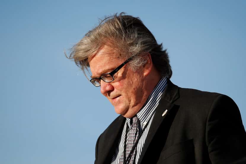 FILE - In this April 9, 2017, file photo, White House chief strategist Steve Bannon steps...
