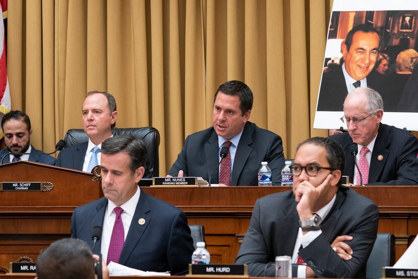 On top row, from left, House Intelligence Committee Chairman Adam Schiff, D-Calif., Rep....