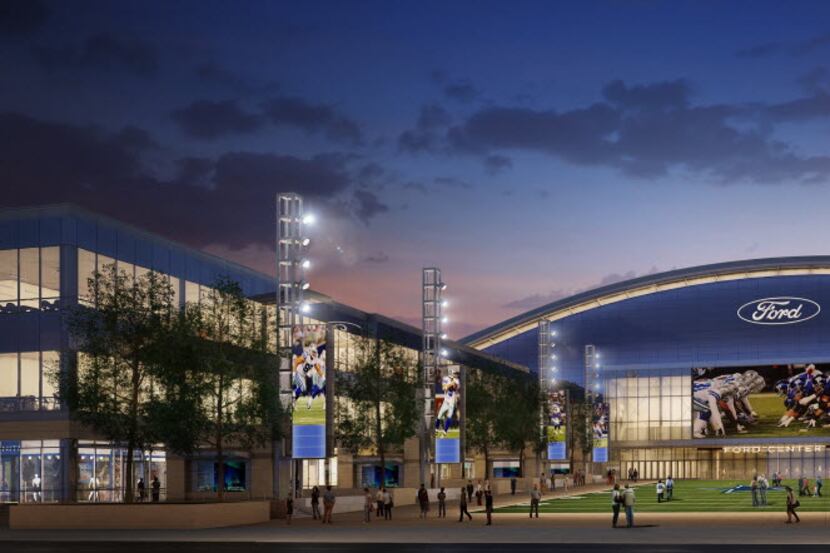 A rendering shows the plaza leading into The Ford Center at The Star in Frisco, where the...