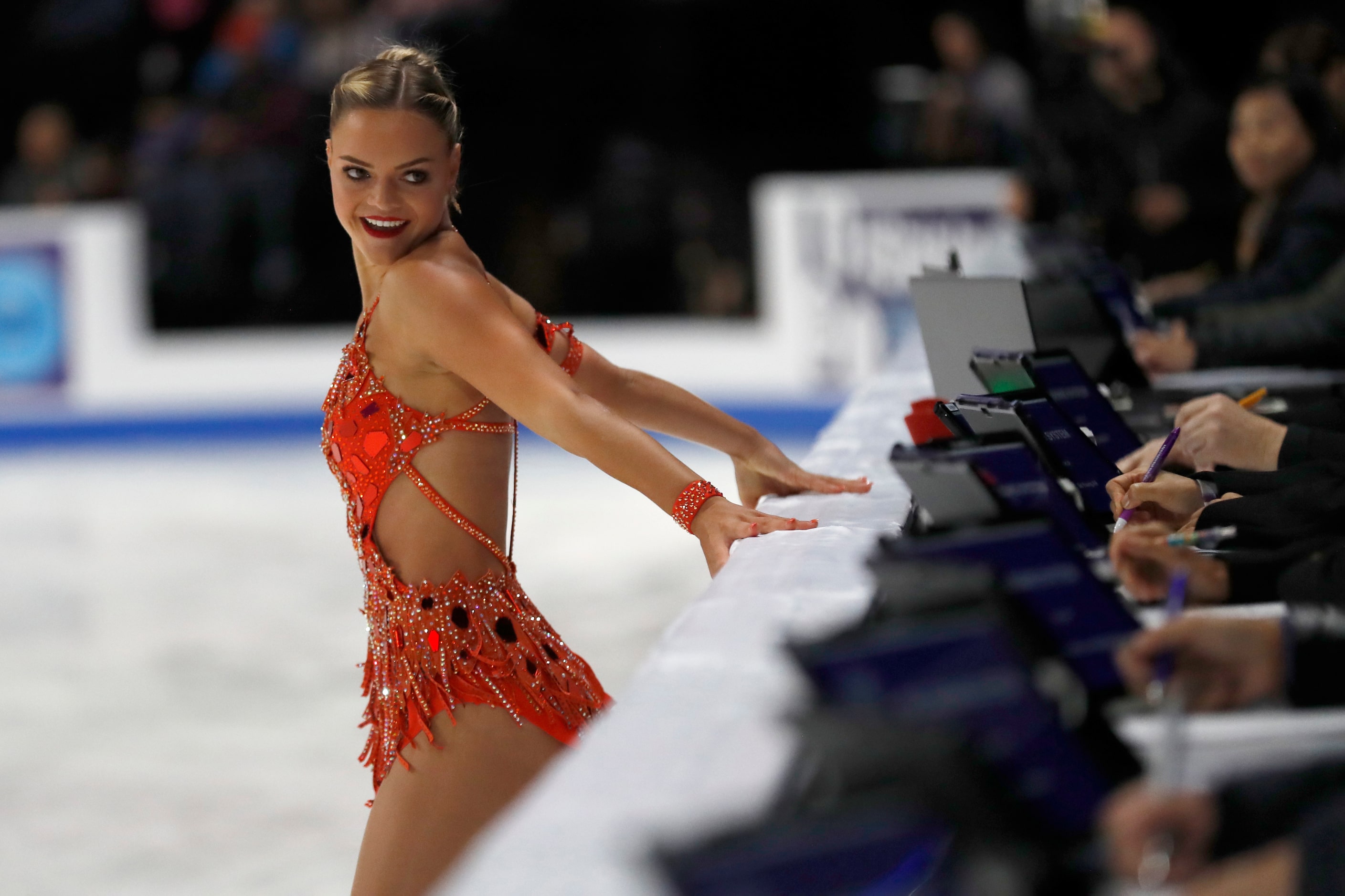 Loena Hendrickx, of Belgium, competes in the women's short program during the Skate America...