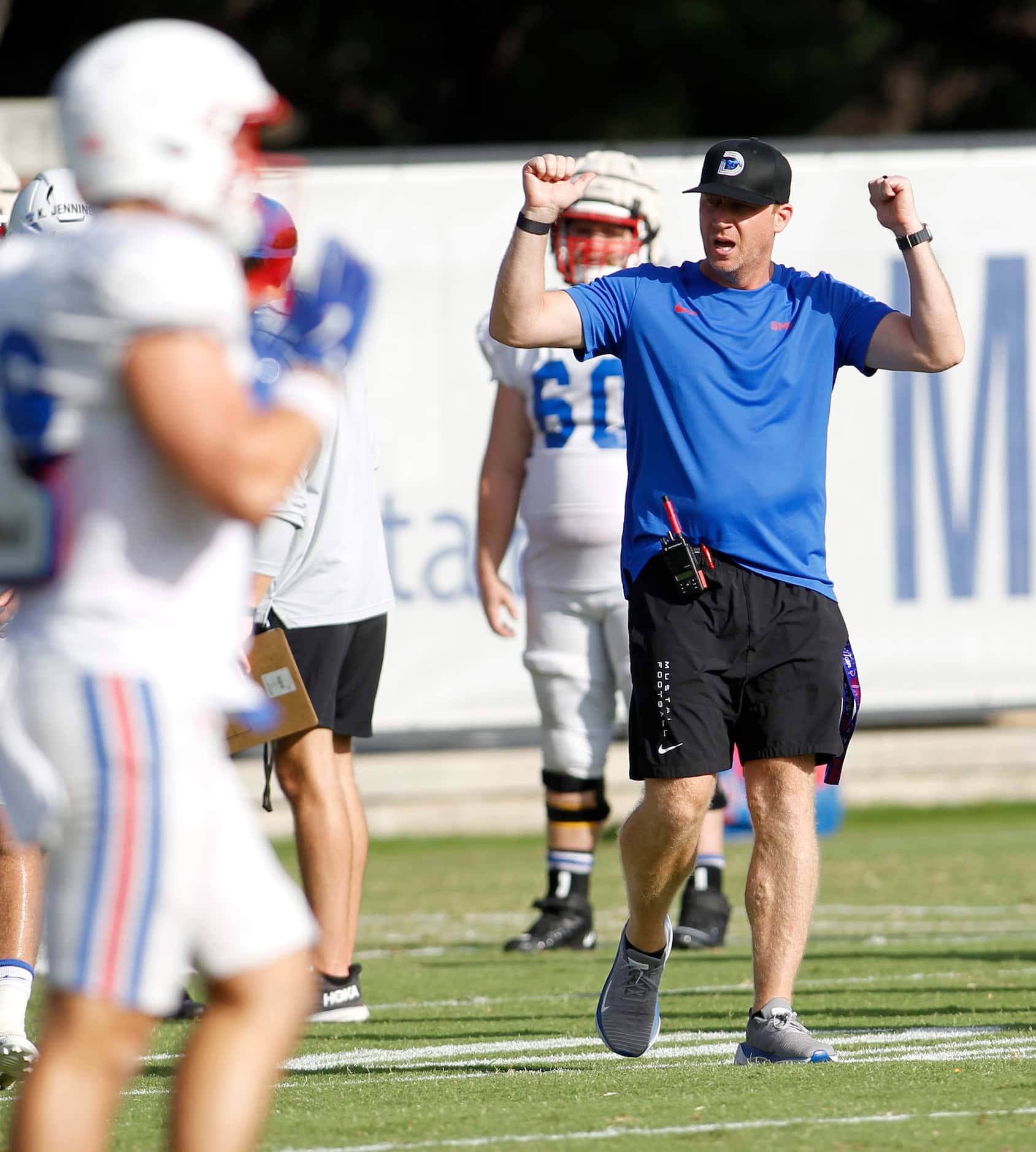 SMU Mustangs head football coach Rhett Lashlee reacts at the conclusion of a drill during...