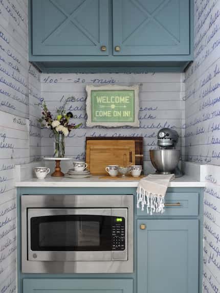 Pantry with custom wallpaper