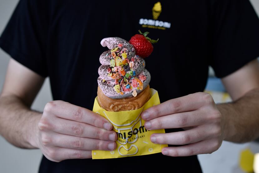 An Ahboong, a waffle cone with Oreo and Strawberry Swirl, from SomiSomi Soft Serve & Taiyaki...