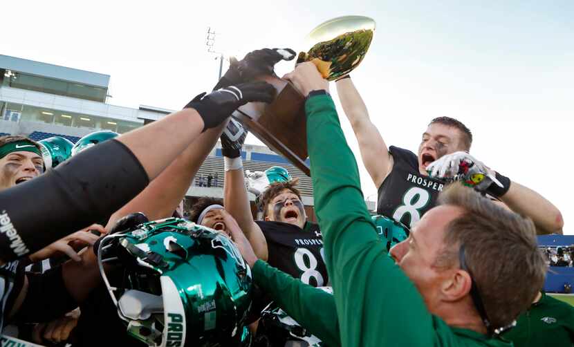 Prosper High School reacts to winning the trophy as Prosper High School hosted Lewisville...