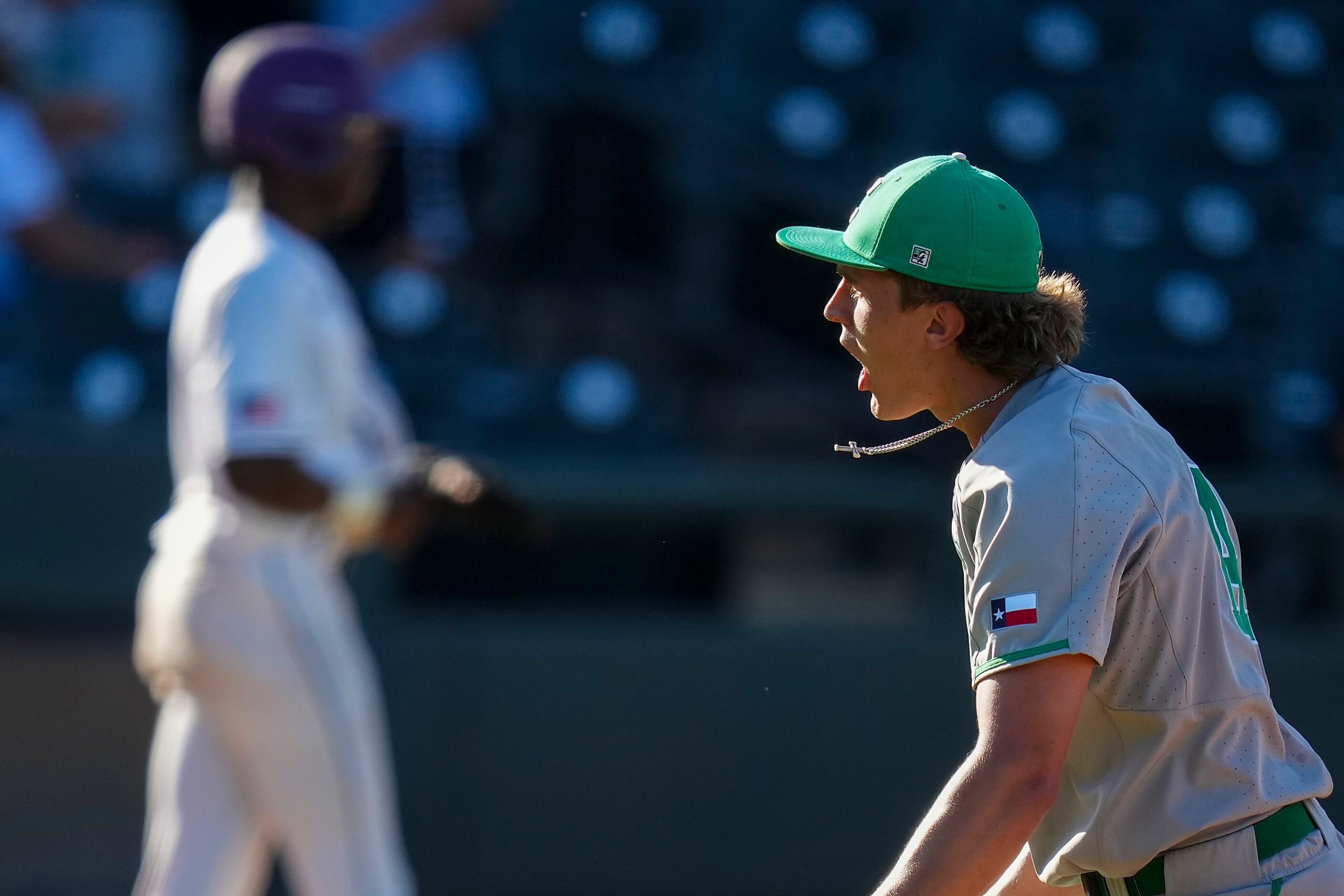Southlake Carroll pitcher Griffin Herring celebrates after collecting a strikeout to end the...